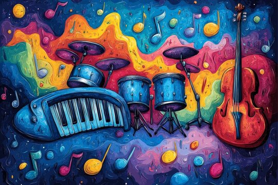 Colorful musical instruments, vibrant background, music notes, artistic illustration, for music education