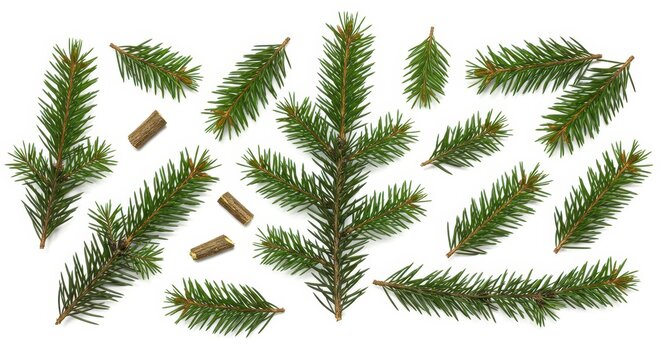 Arrangement of fir branches and small pieces of wood on a plain white background surface view flat lay