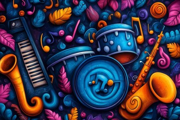 Colorful musical instruments, leaves, notes.  Background design, music event promotion