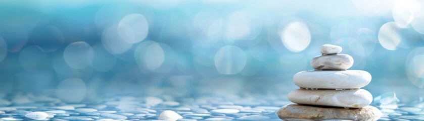 A serene stack of smooth stones rests on a reflective surface, surrounded by a tranquil blue background, evoking calmness and balance.