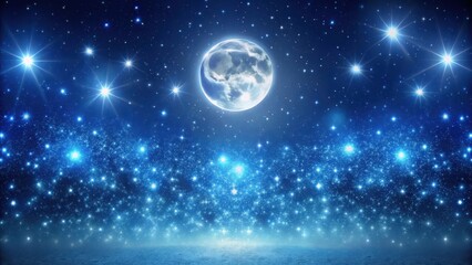 Fototapeta premium A starry night sky with a subtle blue light effect overlay, featuring twinkling stars and a bright full moon , celestial bodies, astronomy