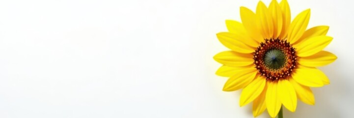 Fototapeta premium Single sunflower, vibrant yellow petals, crisp white backdrop, backdrop, copy space, botany