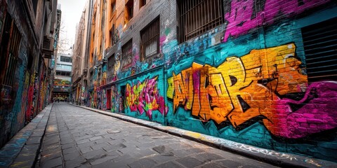 Fototapeta premium An urban alleyway adorned with a vivid graffiti mural depicting social change through bold colors and street art expressions.