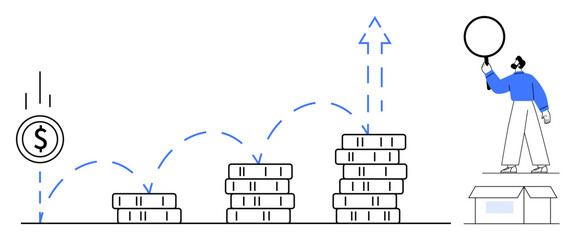 Stacks of coins increasing in size, bouncing arrows suggesting progress, and a man analyzing with a magnifying tool. Ideal for finance, investment, growth strategy, business planning, data analysis