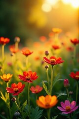 Fototapeta premium Vibrant wildflowers bathed in golden sunset light, vibrant, tranquil, sky