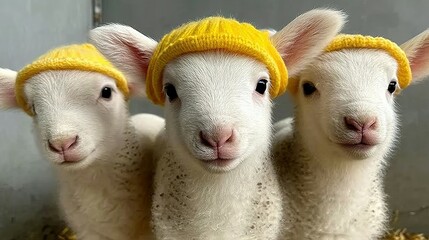 Naklejka premium Three adorable lambs wearing knitted yellow hats.