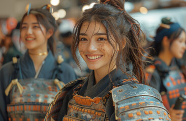 Obraz premium Women dressed in Samurai and Japanese warrior armor, smiling and enjoying atmosphere at cosplay festival. Outfits honor traditional Japanese culture modern twist to the event.