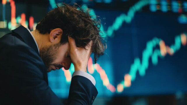 Financial Strain: A portrait of a man, grappling with the pressures of financial markets, his demeanor a mix of despair and concern. The background showcases stock market charts.