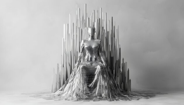 A futuristic, wireframe figure sits gracefully on a throne-like structure made of metallic elements, evoking themes of technology and artistry.