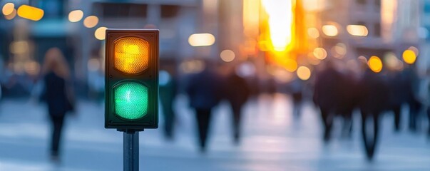 A traffic light displays a green light, guiding pedestrians amidst a bustling city scene with blurred figures and warm sunset tones.