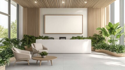 Modern office lobby reception area with plants