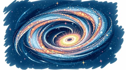 A hand-drawn sketch of a 3D-rendered spiral galaxy, twisting arms filled with glittering stars and cosmic dust, radiant light beams, color sketchnote style, deep space scene
