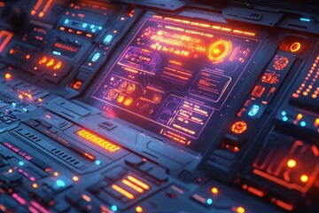 Futuristic control panel, spaceship interior, data display, orange lighting, sci-fi background, technology concept