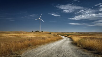 A wind turbine located in the middle of vast agricultural fields in Zaragoza, Spain, spins under a clear sky, symbolizing sustainable energy in rural areas.