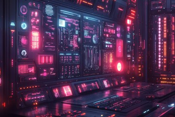 Futuristic control room; data analysis; neon lights; server room background; tech website