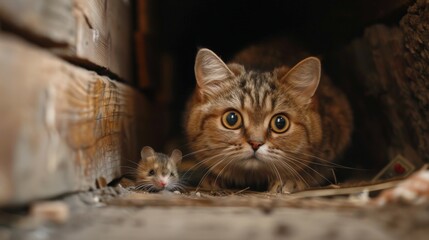 Obraz premium A cat and a mouse are captured in a moment of tension, peering out from a dimly lit wooden nook, showcasing their natural instincts.