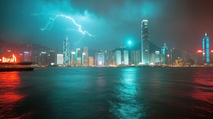 Fototapeta premium Hong Kong Nightscape with Lightning