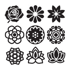 A set of black, different type of simple floral and flower line art mandala icons.