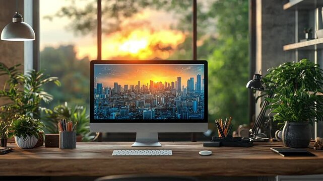 Modern workspace with a scenic city view at sunset featuring plants and office supplies