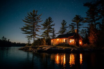 Fototapeta premium lakeside cottage with stone chimney, golden interior lights creating inviting reflections in the dark water, surrounded by autumn trees under a Milky Way panorama