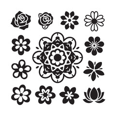 A set of black, different type of simple floral and flower line art mandala icons.
