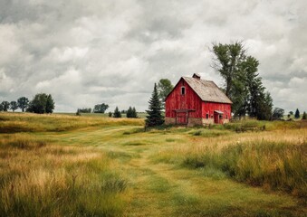 Fototapeta premium A classic red barn sitting in the middle of a green meadow under an open sky, surrounded by countryside elements and rural scenery, symbolizing farming heritage.