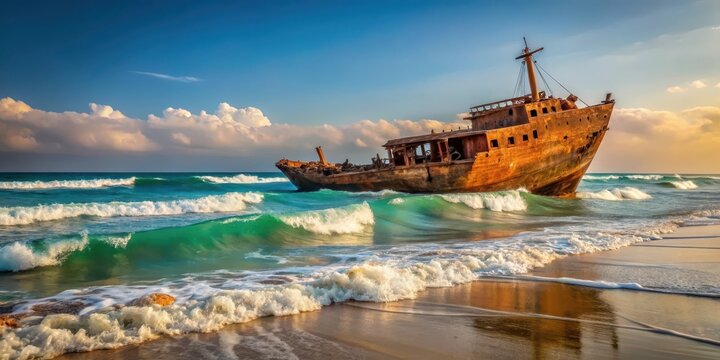 Ancient shipwreck on Kish Island beach with waves in background, kish island, wreck,  kish island