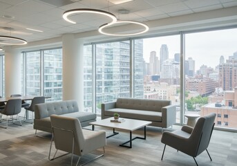 Interior of a modern office lounge area with city views and contemporary lighting fixtures above sofas