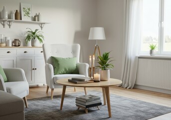 Fototapeta premium Living room interior with white chairs round table and plants creating a cozy atmosphere inside