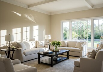 Fototapeta premium Bright living room with white sofas and a black coffee table near a large window with sunlight 100