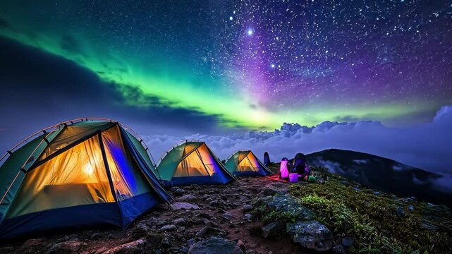 Nighttime camping under a vibrant aurora borealis with tents illuminated by warm light