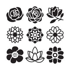 A set of black, different type of simple floral and flower line art mandala icons.