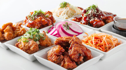 Korean fried chicken set with pickled radish and dipping sauce restaurant food photography indoor dining gourmet experience