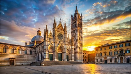 Naklejka premium Siena Cathedral at dawn with golden light, stone architecture and bell tower , sunrise, Italy, sunrise