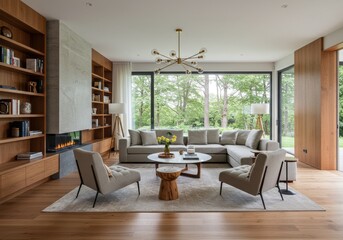 A spacious living room featuring a large window, modern furniture, and a built in bookshelf and fireplace
