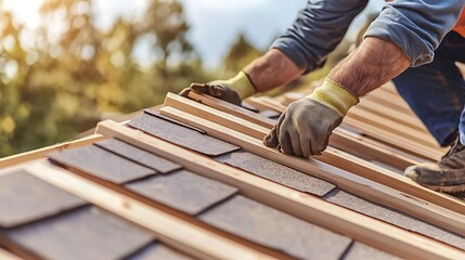 Construction Worker Installing Roof Shingles