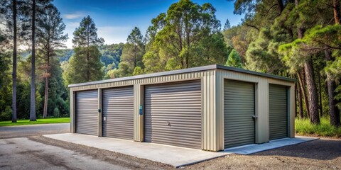 Storage unit with closed doors, surrounded by trees and a serene landscape, conveying a sense of seclusion and isolation