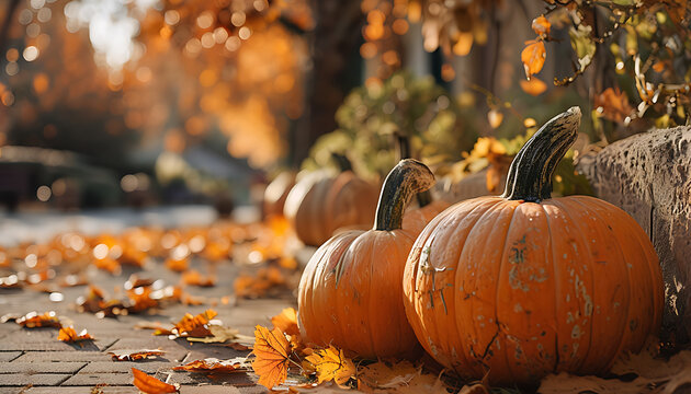 pumpkins and leaves in a cozy outdoor fall scene
