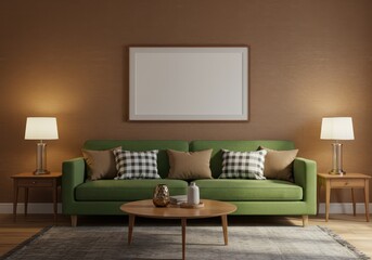 Living room setup with green sofa, pillows, lamps, table, rug and a picture frame on the wall