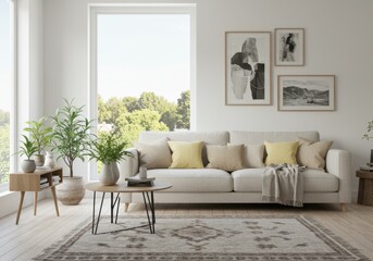 Bright living room with white sofa pillows plants art and large window overlooking greenery