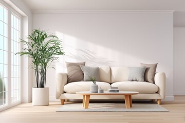 Fototapeta premium Minimal modern living room with cozy sofa, wooden table, and soft sunlight