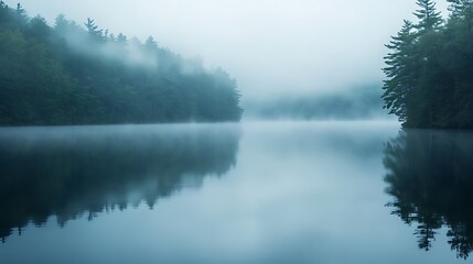 Fototapeta premium Foggy Lake Scene with Forest Reflection for Tranquility