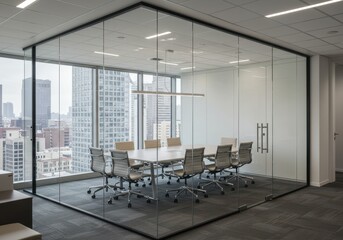 Conference room with glass walls and a view of the city from a high rise building office space