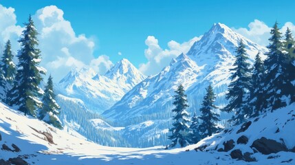 Obraz premium Snowy mountain valley landscape, winter sun