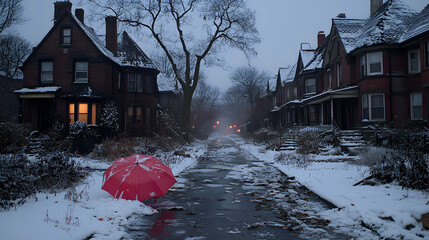 A red umbrella sits abandoned on a snow-covered street between brick houses on a cold, dark winter evening.