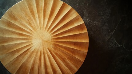 Wooden platter, sunburst design, dark surface, food styling