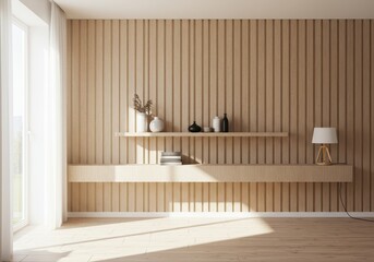 Interior scene with wood panel wall shelves vases lamp and natural light from the window shining through