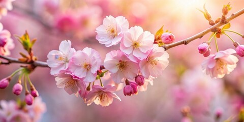 A delicate pink sakura blossom unfurls its petals in a gentle morning light