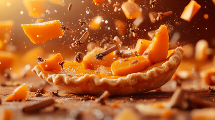 deconstructed pumpkin pie with floating spices and ingredients,
