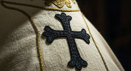 Embroidered cross detailing on religious vestment shines in candlelight